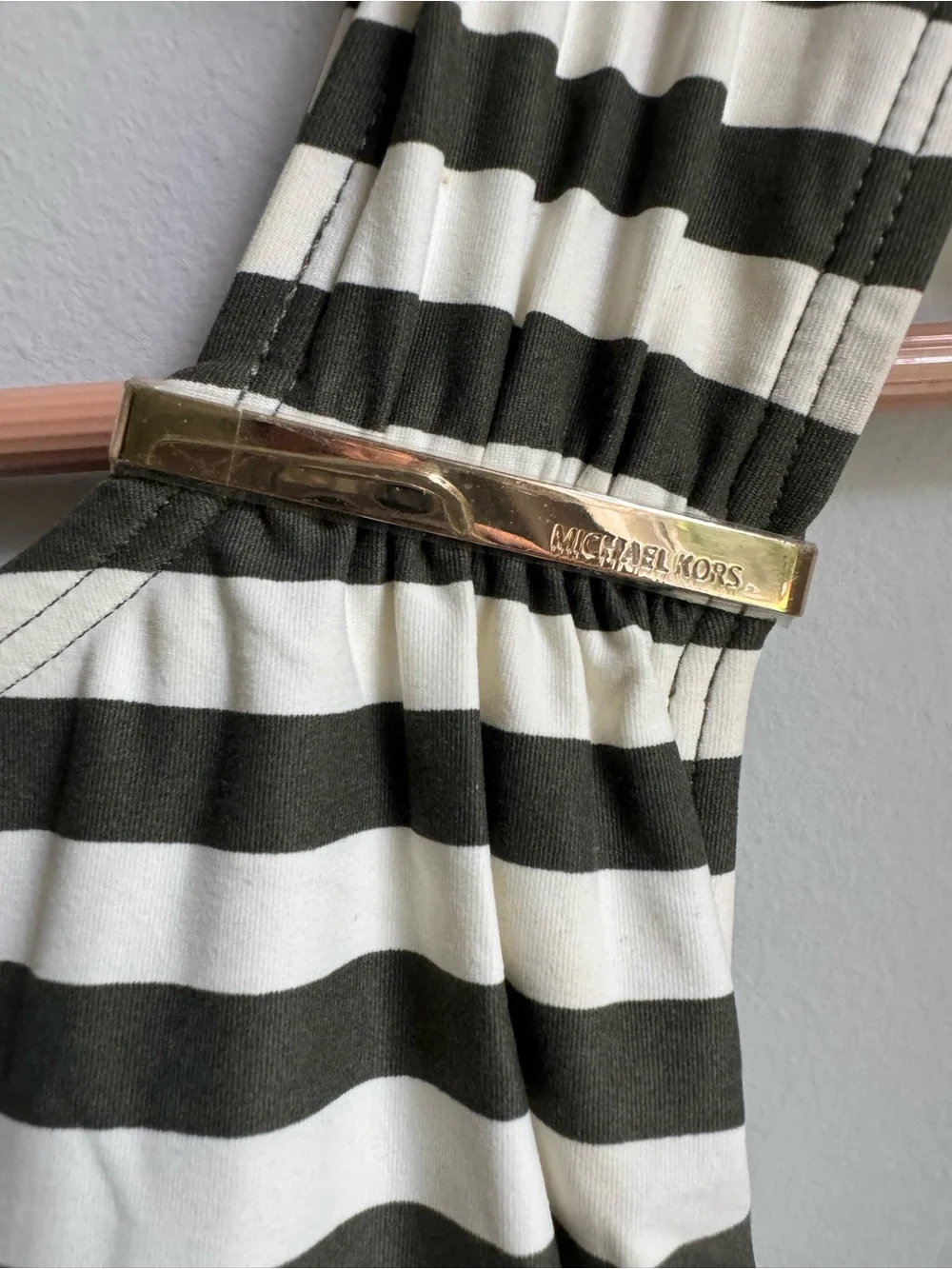 Michael Kors Olive Green & White Striped One-Shoulder One-Piece Swim